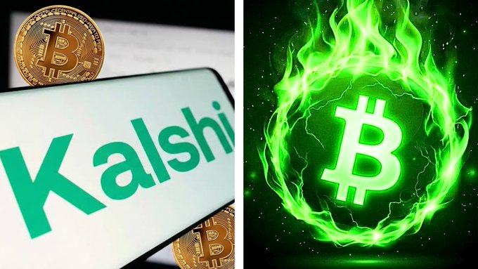 A split image showing a Bitcoin coin and the Kalshi logo on a phone screen on the left, and a glowing green Bitcoin symbol surrounded by flames on the right.