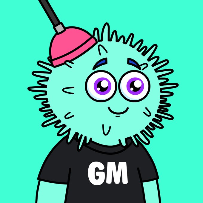 A cartoon illustration of a furry mint-green character wearing a black shirt with 'GM' printed on it and a pink plunger stuck to its head.