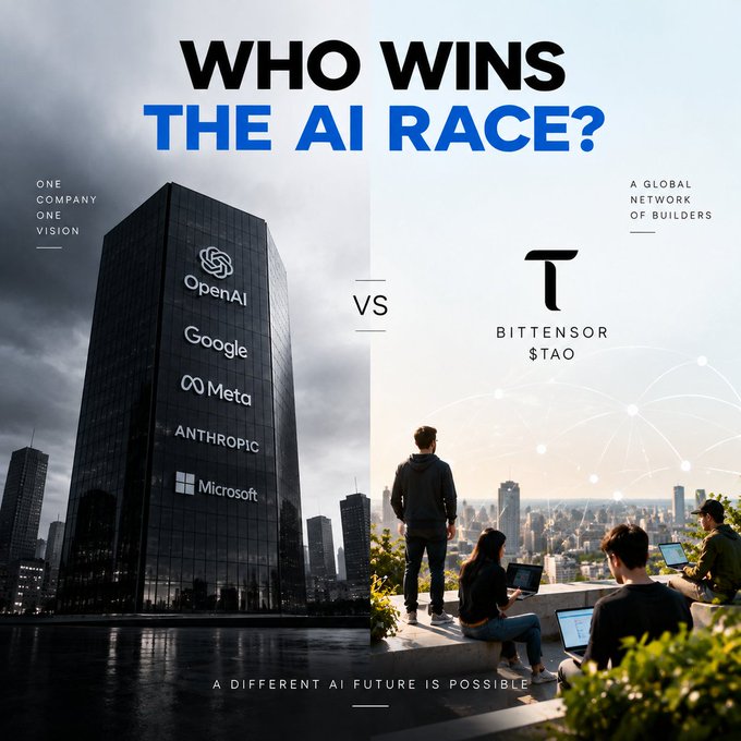 A split-screen graphic asking 'WHO WINS THE AI RACE?' contrasting corporate AI giants (OpenAI, Google, Meta, Anthropic, Microsoft) on the left against BITTENSOR $TAO described as 'A GLOBAL NETWORK OF BUILDERS' on the right, with the tagline 'A DIFFERENT AI FUTURE IS POSSIBLE'.