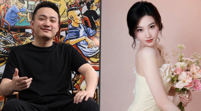 A side-by-side image showing Justin Sun in a black t-shirt gesturing in front of a colorful mural on the left, and actress Jing Tian in an elegant off-shoulder dress holding a bouquet of flowers on the right, accompanying a post about Sun's failed engagement and subsequent lawsuit to recover a $4.5 million bride payment.