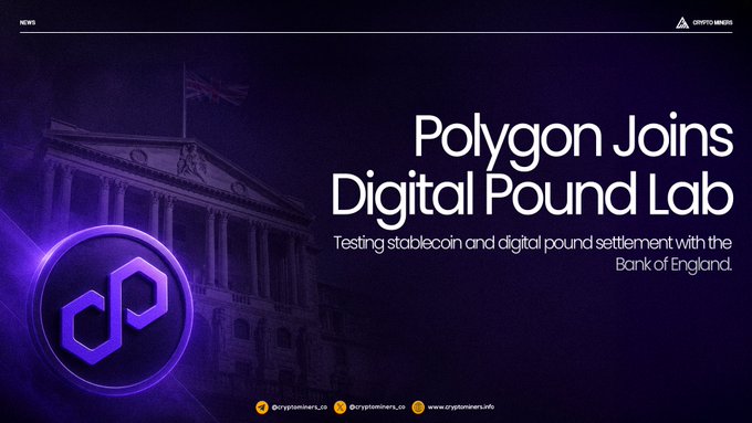A promotional banner from Crypto Times announces "Polygon Joins Digital Pound Lab," with a subtitle explaining they are "Testing stablecoin and digital pound settlement with the Bank of England." The image features the Polygon logo alongside a background image of the Bank of England building with its flag, visually reinforcing the partnership between Polygon and the Bank of England's Digital Pound Lab initiative mentioned in the post.