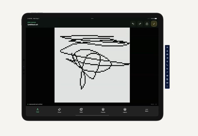 A tablet screen displays a pixel art drawing app showing an abstract black and white sketch, with "Untitled.art" visible at the top.