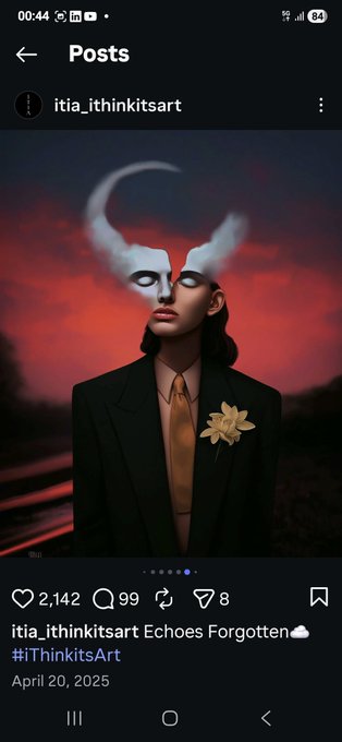 An Instagram post screenshot from user 'itia_ithinkitsart' showing surreal digital art of a figure with a white mask covering their eyes and horns, captioned 'Echoes Forgotten' with hashtags #IThinkitsArt.
