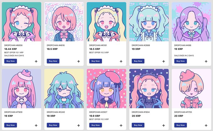 An online marketplace grid displaying ten anime-style 'DROPCHAN' character NFT listings priced between 18.44 XRP and 20 XRP, each featuring a 'Buy Now' button.