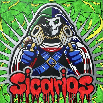 An illustration of a hooded skeleton character wearing a gas mask and American flag-themed clothing, giving thumbs up, with the word 'Sicarios' written below in red letters.