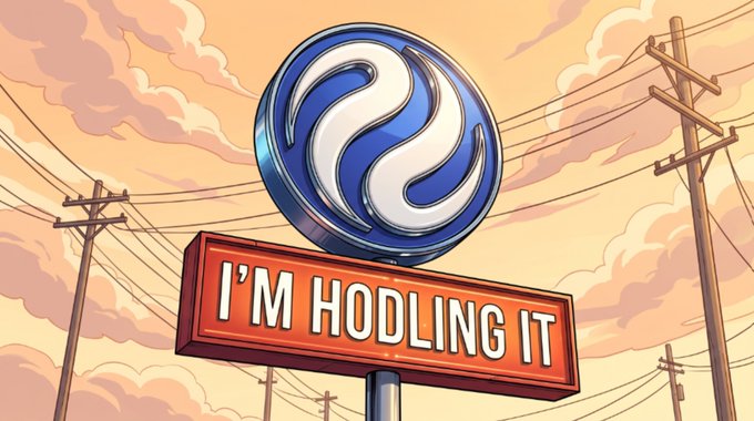 A cartoon-style signpost featuring a blue and white circular emblem with an S-shape, mounted above an orange sign that reads 'I'M HODLING IT,' set against a sky with power lines.