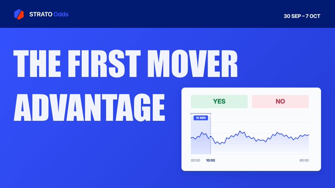 A promotional graphic for 'STRATOOdds' dated '30 SEP – 7 OCT' features the headline 'THE FIRST MOVER ADVANTAGE' alongside an illustration of a trading interface with YES/NO buttons and a price chart.