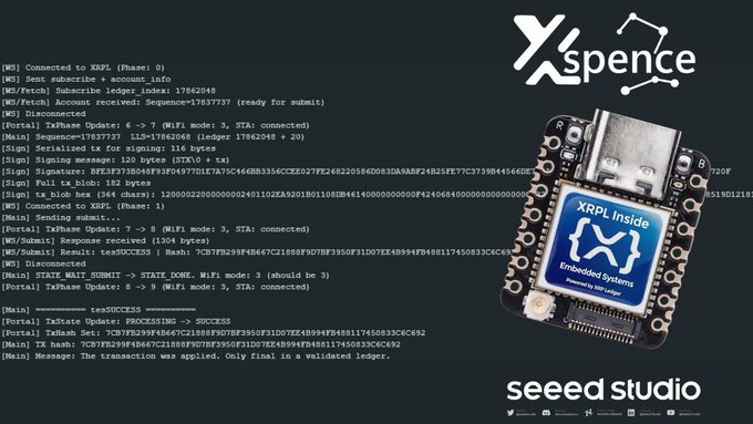 The image features a small electronic device, possibly a microcontroller or a sensor, with a blue label that reads "XIAO + XRPL". The device appears to be connected to a computer screen displaying a list of programming languages such as C++, C#, and Java. This suggests that the device is designed for use in conjunction with various programming languages, possibly for data collection or analysis purposes.