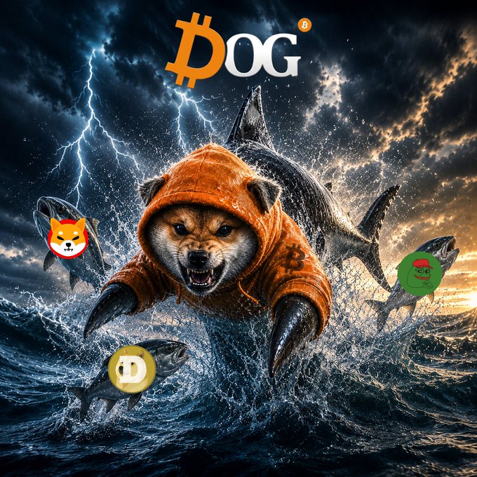 The image features a dog wearing an orange hoodie, surrounded by sharks swimming through rough waters. There are three fish in the scene, with one of them being a shark. The background shows a stormy sky filled with lightning bolts. The caption on the image reads "DOG on Bitcoin. The alpha standard. Testnet memecoins can’t compete."
