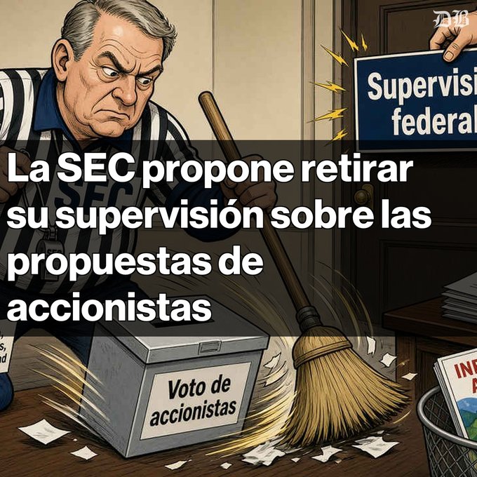 An illustration of a referee in a striped shirt sweeping papers into a trash can labeled 'Voto de accionistas' while a hand stamps 'Supervisión federal', with Spanish text reading 'La SEC propone retirar su supervisión sobre las propuestas de accionistas'.