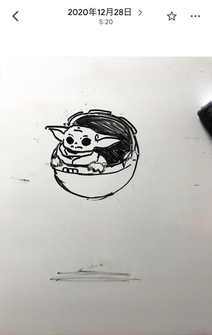 The image features a black and white illustration of a character from the movie "Yoda". The character appears to be sitting inside a round object or ball, which could possibly represent a spaceship or a planet. The drawing is done in a sketch style with minimal shading and details. The caption below the image reads: "What, I've just been drawing illustrations of Grok since 202 0, that's all?".