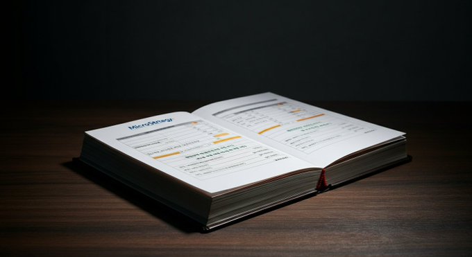 An open book lies on a wooden surface, its pages featuring the word "MicroStrategy" prominently at the top alongside text and highlighted sections, symbolizing the company's documented strategy and history. The image visually reinforces the narrative of Michael Saylor's bold Bitcoin conviction, with the book serving as a metaphor for MicroStrategy's well-recorded financial playbook and market-defying decisions.