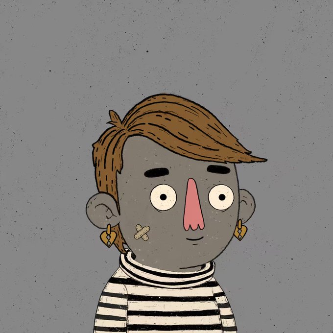 An illustrated portrait of a character with brown hair, a bandage on their cheek, heart-shaped earrings, and a black and white striped shirt against a gray background.