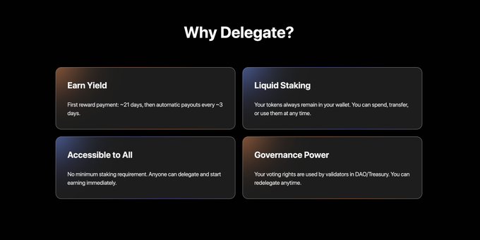 An infographic titled 'Why Delegate?' listing four benefits: Earn Yield (~21 days reward payment), Liquid Staking, Accessible to All, and Governance Power, referencing DAO/Treasury validators.