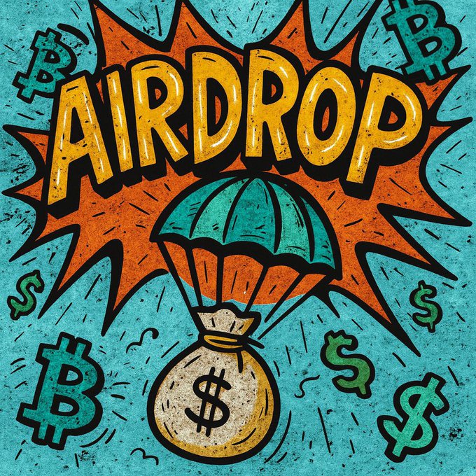 A vibrant pop-art style illustration features the word 'AIRDROP' in bold yellow letters above a parachute delivering a money bag, surrounded by Bitcoin and dollar symbols.