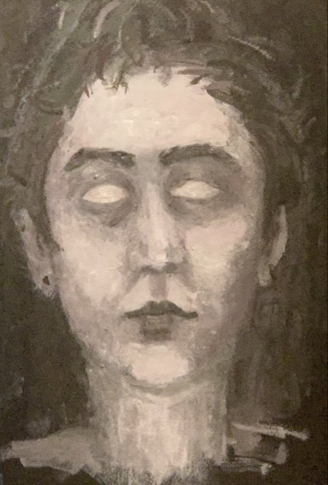 A muted, gray-toned painted portrait of a pale face with closed or blank eyes and dark hair.