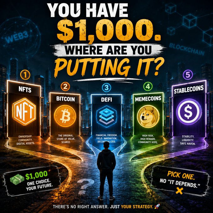 Crypto investment infographic titled 'YOU HAVE $1,000. WHERE ARE YOU PUTTING IT?' displaying five categories: NFTs, Bitcoin, DeFi, Memecoins, and Stablecoins.