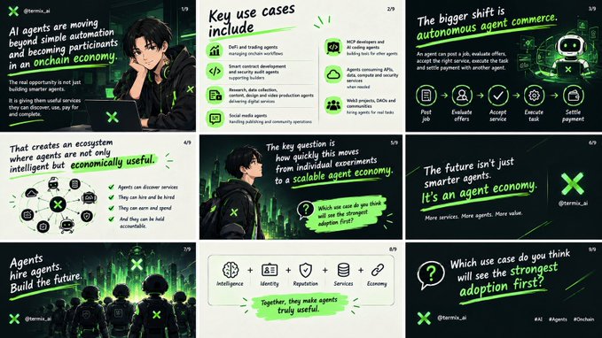 A collection of nine presentation slides about AI agents in an economy, featuring green and dark themes with @terra_ai branding and topics including agent economies, MCP strategies, and use cases.