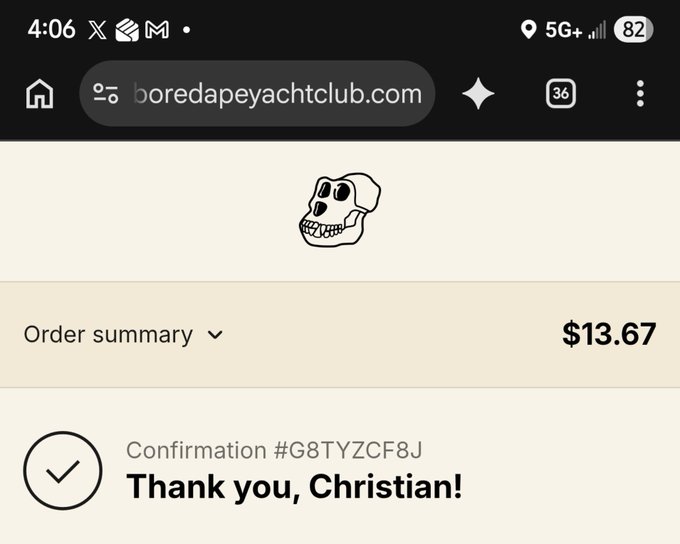 A mobile browser screenshot showing a Bored Ape Yacht Club order confirmation page with an order summary of $13.67 and the message 'Thank you, Christian!' under confirmation #G8TYZCF8J.