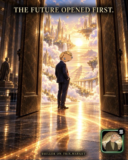 An illustrated figure in a suit stands in an ornate doorway looking out at a fantasy golden city, with text reading 'THE FUTURE OPENED FIRST.' and '$SELLER ON TRIX.MARKET'.