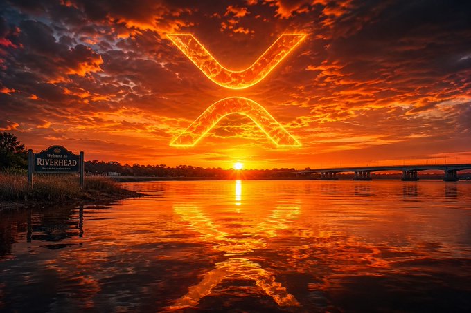 The image features a sunset over a body of water with a large X symbol above it, which appears to be glowing orange. The text "Good morning #WednesdayMotivation #XRP #Crypto" is also present in the image. This suggests that the photo might have been taken on Wednesday and could potentially be related to cryptocurrency or digital assets.