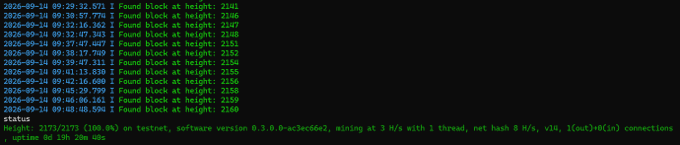 A terminal/console log output showing cryptocurrency mining status, with multiple entries reading "Found block at height: 2141" through 2160 on September 14, 2026, and a status line indicating "mining at 3 H/s with 1 thread, net hash 0 H/s" at block height 2173/2173.