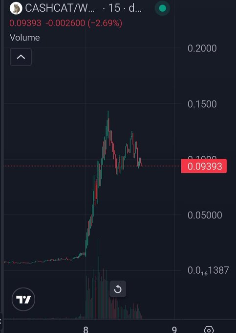 A TradingView stock chart for CASHCAT/W... showing a price of 0.09393, down 2.69%, with a candlestick chart displaying recent price spikes and volume bars.