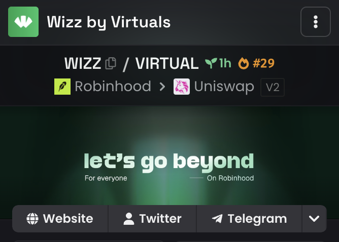 A screenshot from DexScreener shows the WIZZ token's virtual pair on Uniswap V2 (originating from Robinhood), currently priced at $0.000029 and up 1h. The post celebrates the token's official verification on DexScreener, sharing its contract address (0xfB60FA2dB6A8C6e7D510aD33551DeFAE89A917BB) and promoting the project's tagline "let's go beyond, for everyone — On Robinhood."