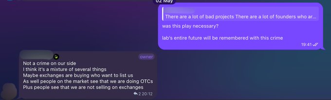 The image features a screenshot of two text messages that appear to be related to a trading post. One message reads "There are a lot of bad projects. This play is essential... was this crime? Yes, the entire future will be remembered with this case." The other message states "Lab = $0.1 to $25 to $5 i warned team 1 month ago not to make these moves but they chose to deny crime instead. mistakes they made will haunt them for rest of their lives and they will regret it". The main focus is on the exchange of ideas or advice, possibly related to trading at a specific location.