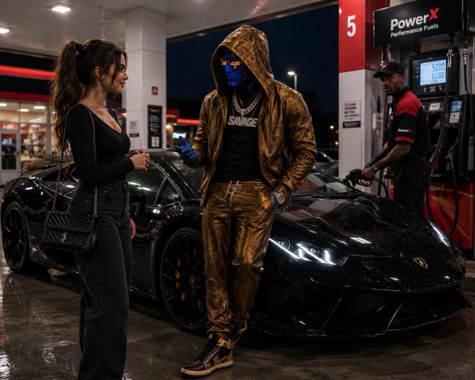 A woman with a black handbag talks with a hooded figure wearing a blue mask and a "SAVAGE" shirt, standing beside a black Lamborghini at a "PowerX Performance Fuels" gas station where an attendant is fueling the car.

The image ties into the post by showcasing a flashy luxury car scene at a gas station, visually reinforcing the post's weekend theme of cashing in on effort—mirroring the crypto gains (@crypwise_hq) the author wishes upon their followers, much like the "savage" lifestyle the luxury car and bold styling imply.