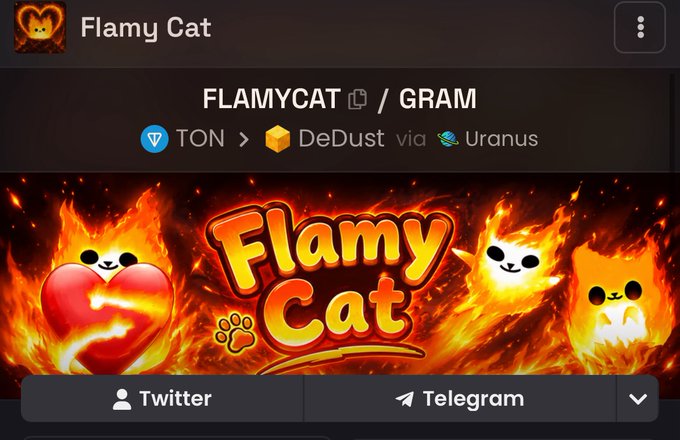 The image shows a Dexscreener page for the "Flamy Cat" ($GRAM) token on the TON blockchain, available via DeDust on Uranus, featuring flame-themed cat graphics alongside Twitter and Telegram links. The post highlights a Dexscreener update showcasing this newly listed token as part of the crypto trading platform.