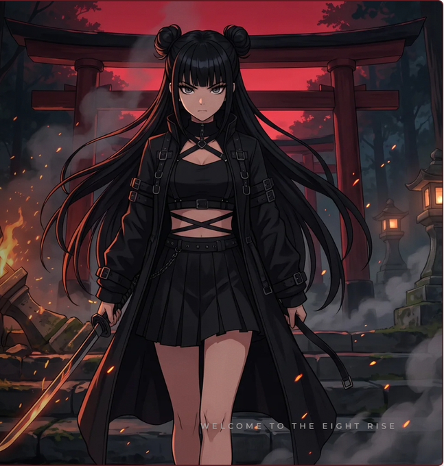 An anime-style illustration of a girl with long black hair in twin buns, wearing dark gothic clothing and holding a sword, standing before a torii gate under a red sky, with the text "WELCOME TO THE EIGHT RISE."