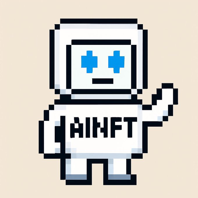 A pixel-art mascot of a small white robot with blue plus-shaped eyes, waving and wearing a shirt labeled 'AINFT'.