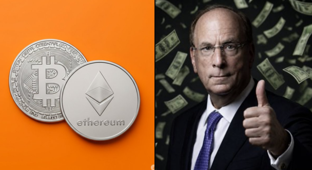 The image is split into two halves: the left shows physical Bitcoin and Ethereum coins on an orange background, while the right shows a man in a suit giving a thumbs-up with falling dollar bills behind him. It illustrates the post's message about BlackRock, a major institutional investor, accumulating nearly $900M in BTC and ETH in a week while retail investors sell, with the thumbs-up suggesting approval of the bullish institutional buying trend.