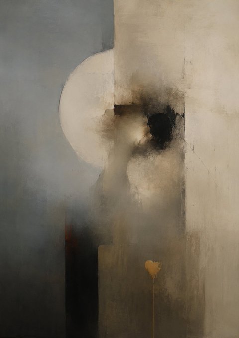 An abstract painting with muted earth tones featuring a large circular white shape on the left, dark textured patches in the center, and a small golden heart shape near the bottom.
