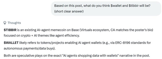 A chat interface showing a question about $wallet and $tibbir tokens, with AI-generated thoughts explaining TIBBIR as an AI-agent memecoin on Base and $WALLET as tokens enabling AI agent wallets via ERC-8196 standards.