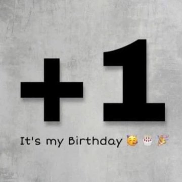 A graphic design on a gray textured background displaying a large black '+1' symbol above the text 'It's my Birthday' accompanied by birthday cake and party emojis.