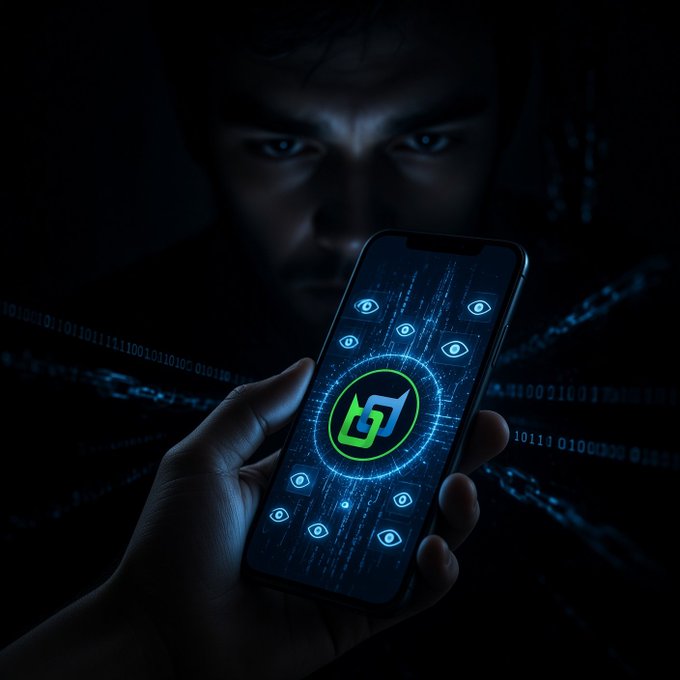A dark, atmospheric image of a person holding a smartphone displaying a green security/encryption logo surrounded by eye icons and digital code streams, with the person's face visible in the shadowy background.