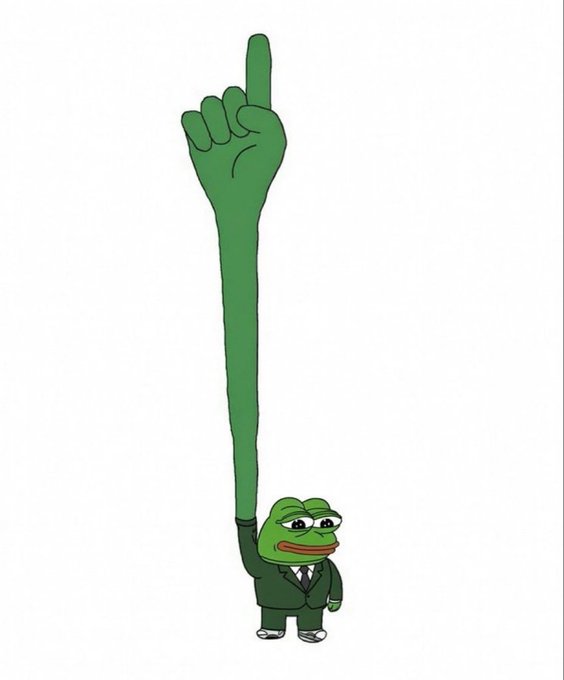 A meme image of the Pepe the Frog character wearing a green suit, with an extremely long green arm extending upward, pointing its index finger at the top of the frame.