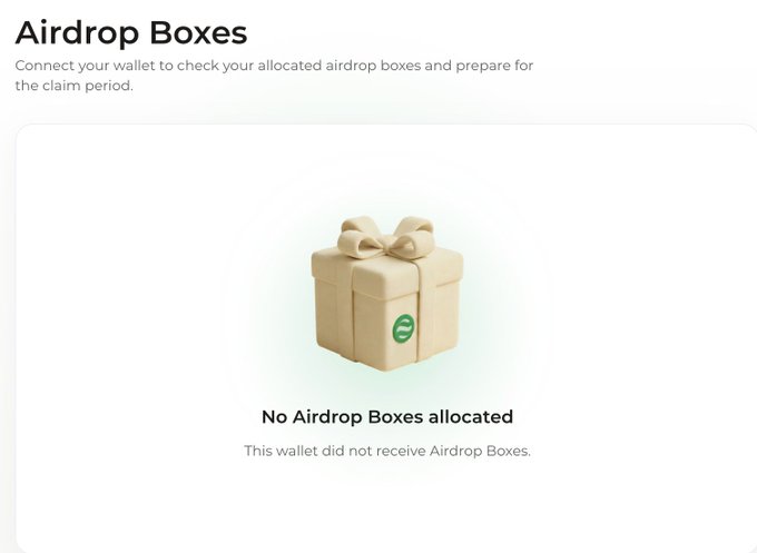 A screenshot from dappos.com/airdrop showing a "No Airdrop Boxes allocated" message with a gift box icon, confirming the user's complaint that their wallet did not receive the $DOS airdrop despite the claim being live.