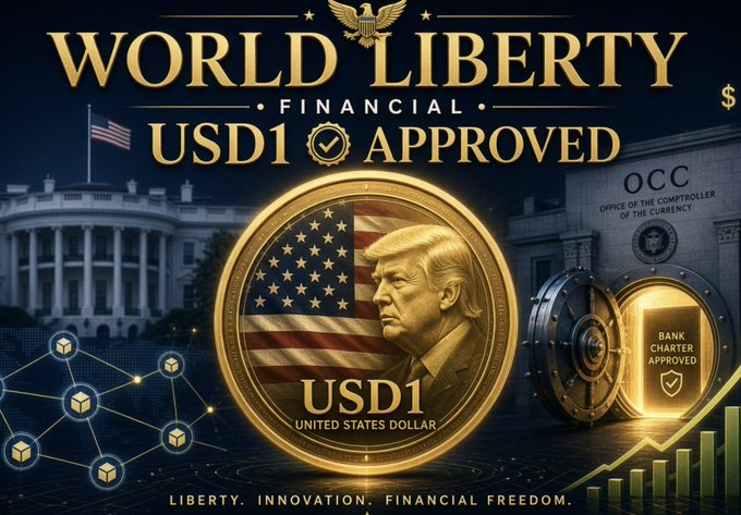A promotional graphic for 'WORLD LIBERTY FINANCIAL' announcing 'USD1 APPROVED' by the OCC, featuring a gold coin with Trump's face against an American flag, the White House, and the Liberty statue.