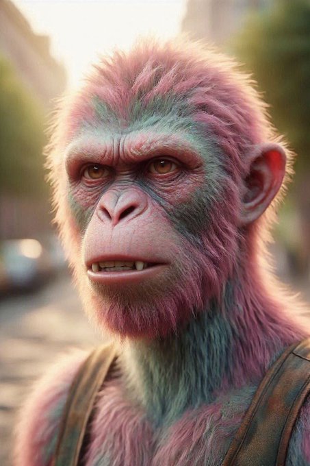 A highly detailed, colorful illustration of an albino gorilla with pink and greenish hues, wearing a brown harness or vest, set against a softly blurred background.
