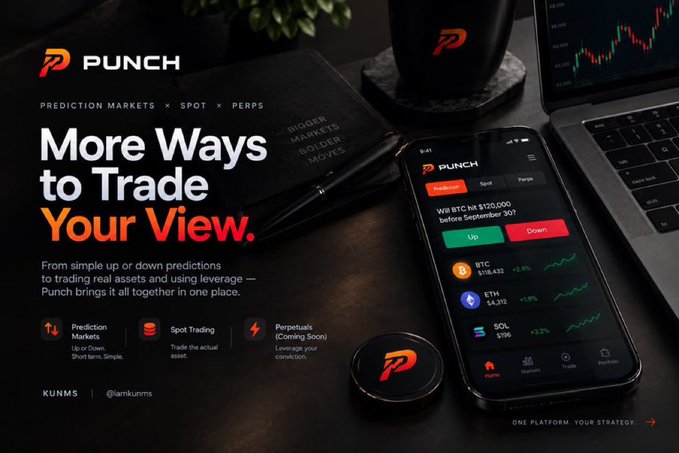 The image is a promotional graphic for "PUNCH," advertising "More Ways to Trade Your View" with prediction markets, spot, and perps options, featuring a mobile app interface showing BTC, ETH, and SOL prices alongside a "Will BTC hit $120,000 before September 30?" prediction market. It directly supports the post by visualizing how Punch integrates prediction markets with traditional crypto trading, showcasing its multi-platform approach to taking market positions on assets like BTC and ETH.