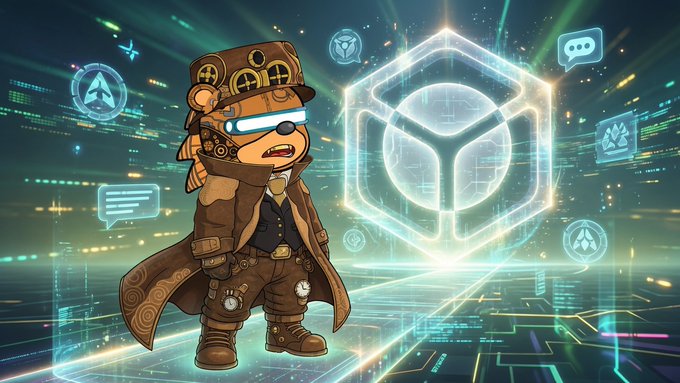 Cartoon illustration of a steampunk-style bear character wearing goggles and a top hat with gear motifs, standing beside a glowing hexagonal logo in a digital/cyber environment with floating icons.
