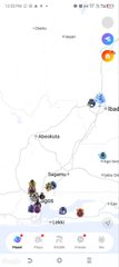 A mobile phone screenshot of a navigation map app showing a route through Nagasaki and Beppu in Japan with several numbered photo markers.
