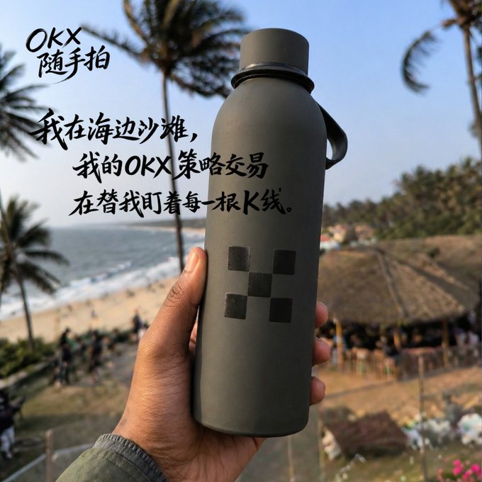 The image features a person holding up a black water bottle with a checkered design, which has Chinese characters on it. The text "OKX" can be seen as well. The background of the photo shows a beach scene with palm trees and people enjoying their time by the ocean. There are also several chairs visible in the image, suggesting that this might be a popular spot for relaxation or socializing.