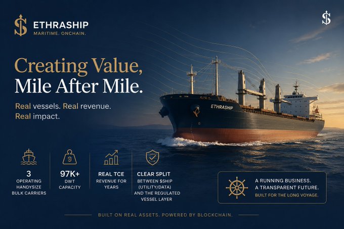 An advertisement for ETHRASHIP with the tagline 'Creating Value, Mile After Mile,' showing a bulk carrier ship and listing stats including 3 operating ships and 97K+ DWT capacity.