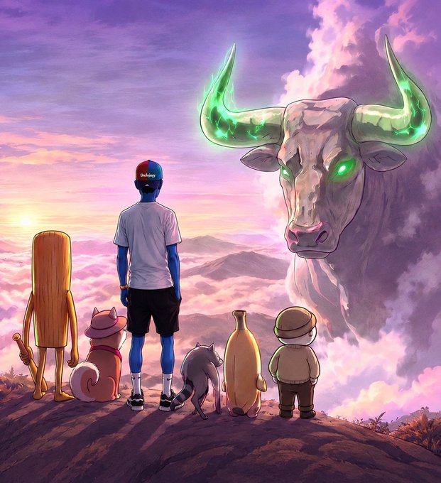An illustration featuring a blue-skinned character and several animals standing on a mountaintop, gazing at a giant glowing green-eyed bull skull emerging from the clouds.