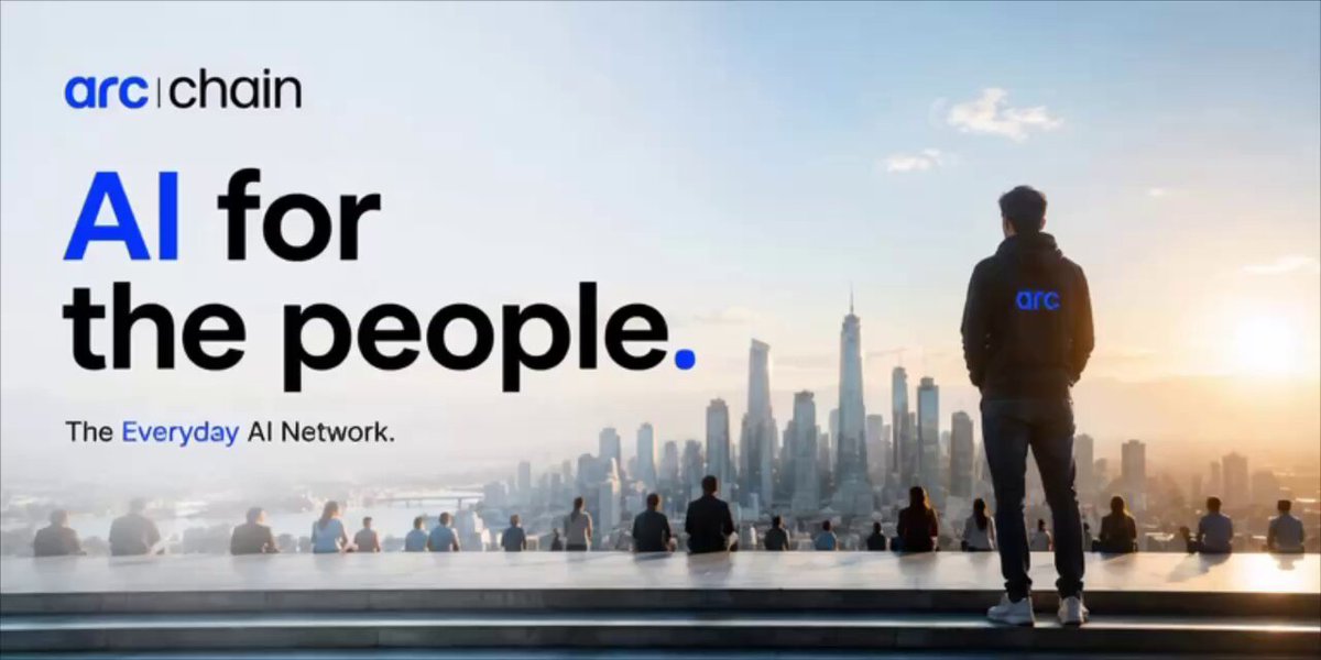 The image shows a man standing at the top of a tall building, overlooking a cityscape with many people below him. The caption for the image reads "@ARC Chain AI for the People. The Everyday AI. @OpenAI @GoogleDeepMind @AnthropicAI are building the models. $ARC is building the network. Privacy. Ownership. Decentralized intelligence. Different architecture. Different future.", which seems to be a reference to the image's title and the post about AI.