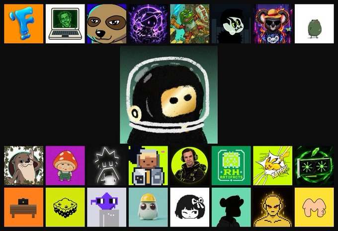 A collage of various NFT collection icons and avatars surrounds a central cartoon character in an astronaut helmet, with notable images including a frog in a top hat, the "RH Artifacts" logo, and characters from projects like "Frogs OnCardano" and "InsidersHQ." The image visually represents the three NFT mints listed in the post for September 10.
